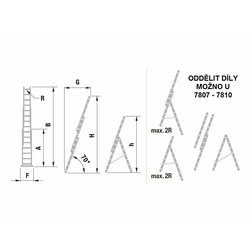 Žebřík AL trojdílný uni 201/399cm ALVE 7807 (3x7 příček) s úpravou na schody EUROSTYL