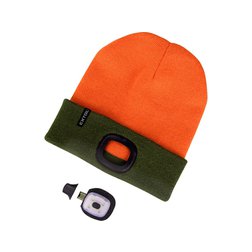 čepice s čelovkou 4x45lm, USB nabíjení, fluorescentní oranžová/khaki zelená, oboustranná,