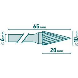 fréza karbidová, konická-jehlan, pr.10x20mm/stopka 6mm,sek střední (double-cut)