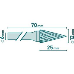 fréza karbidová, konická-jehlan, pr.12x25mm/stopka 6mm,sek střední (double-cut)