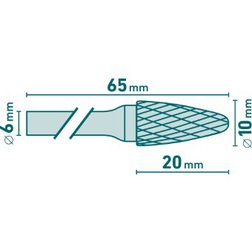 fréza karbidová, kulatý oblouk, pr.10x20mm/stopka 6mm,sek střední (double-cut)