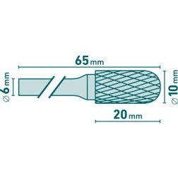 fréza karbidová, válcová s kulovým čelem, pr.10x20mm/stopka 6mm,sek střední (double-cut)