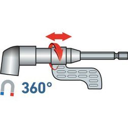 úhlový nástavec/držák hrotů do vrtačky, 1/4"x140mm (105°) s magnetem